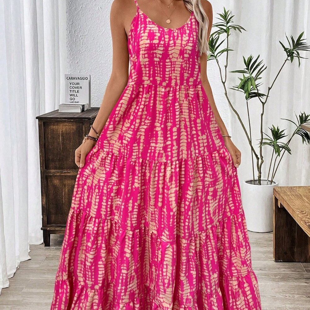 Hot Pink Boho Women's Holiday Casual Random Printed Strappy Dress Maxi Outfit - Picture 6 of 7